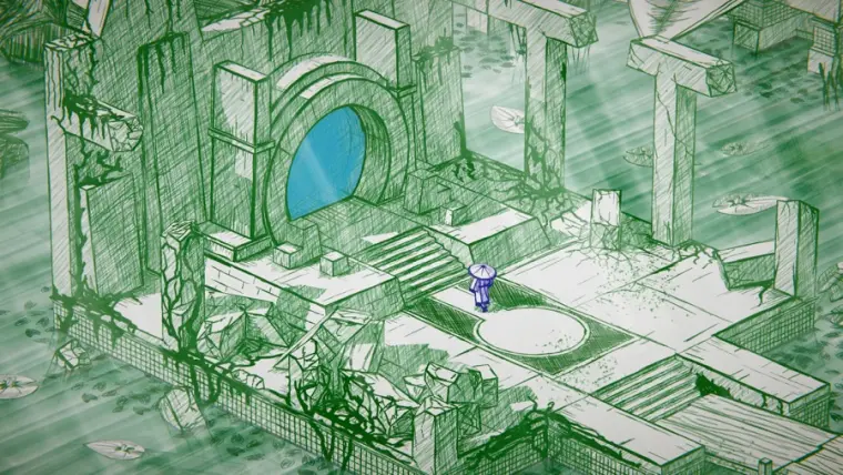 Rovine isometriche disegnate a penna con tratteggio verde su fondo chiaro: scalinate, piattaforme e una pozza d'acqua, con il piccolo protagonista in viola al centro.