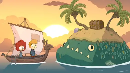 I due fratellini su una barchetta a vela davanti a un'isola che in realtà è un pesce gigante addormentato, con una cassa del tesoro sulla schiena, al tramonto.
