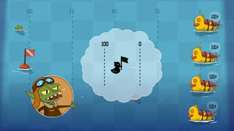 Minigioco di corsa fra papere meccaniche: un personaggio con occhialoni da aviatore spiega la regola dentro una grande nuvoletta, dove compaiono solo disegni e numeri.